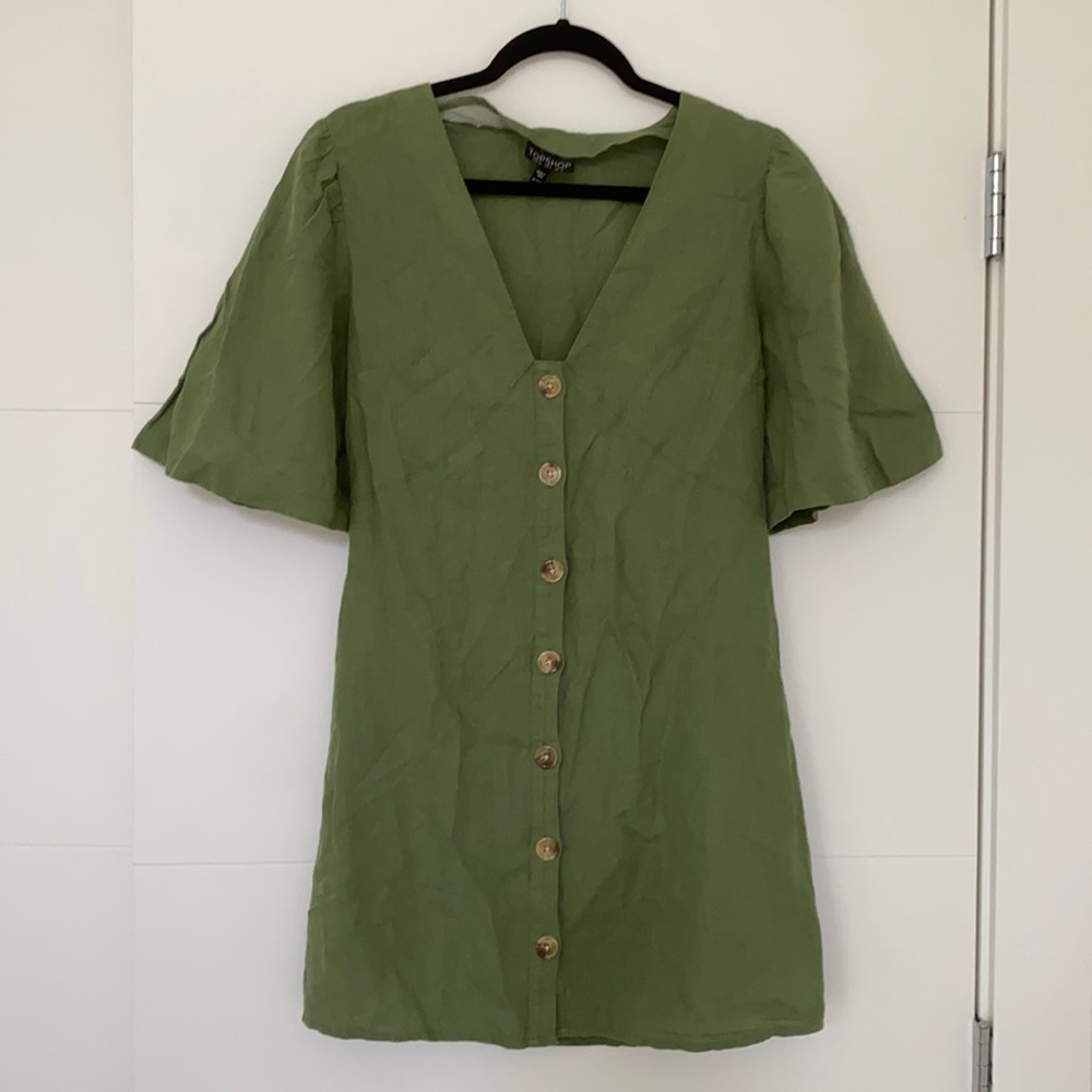 Topshop Green Linen Dress with Buttons